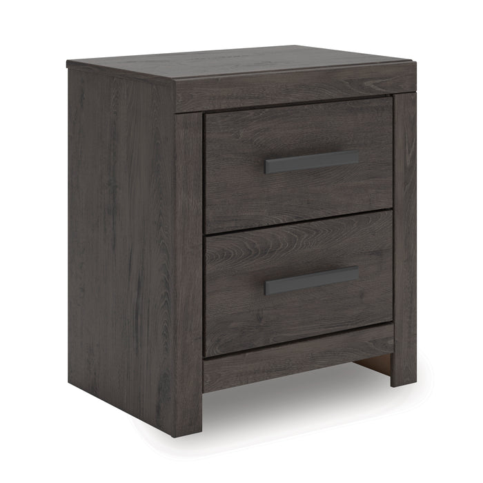 Dark wood nightstand with two drawers and horizontal bar pulls