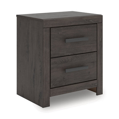 Dark wood nightstand with two drawers and horizontal bar pulls