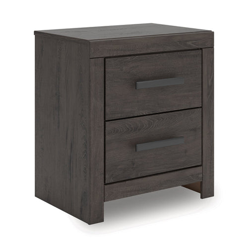 Dark wood nightstand with two drawers and horizontal bar pulls