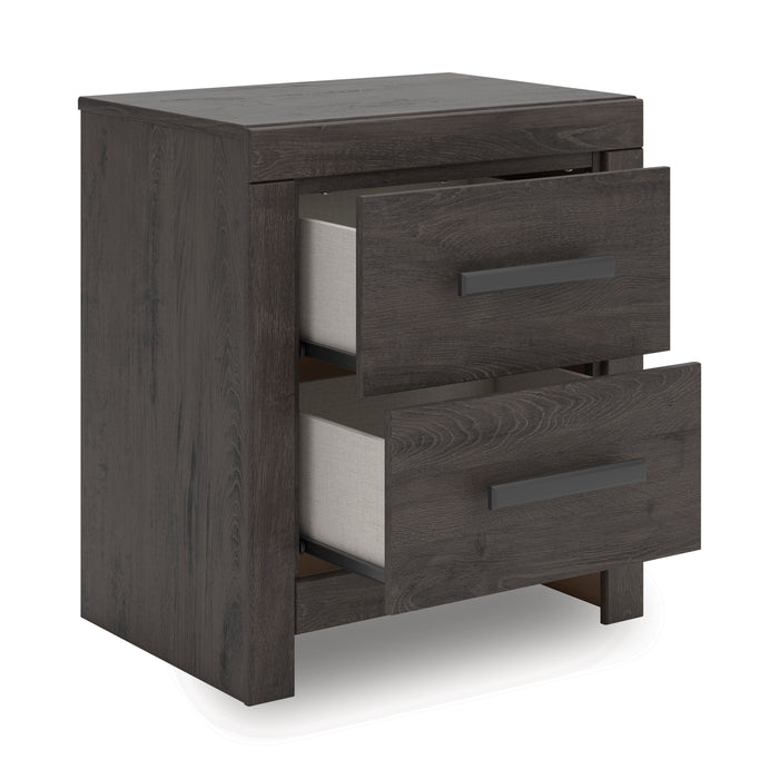 Dark wood nightstand with two drawers, one opened to show the interior