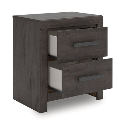 Dark wood nightstand with two drawers, one opened to show the interior