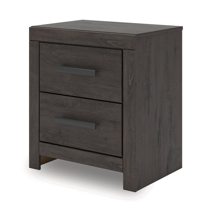 Dark wood nightstand with two drawers and horizontal bar handles