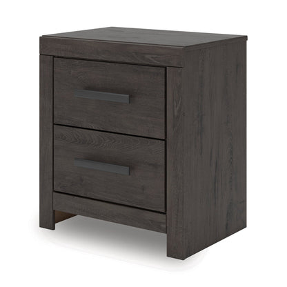Dark wood nightstand with two drawers and horizontal bar handles
