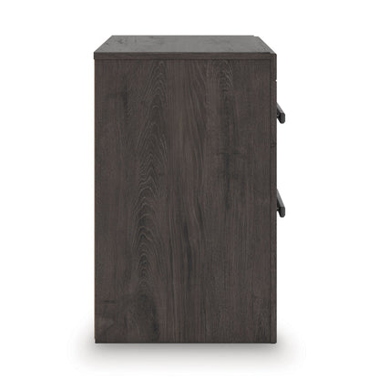 Dark wood nightstand side view with two drawer handles