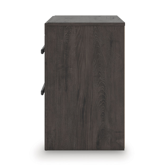 Dark wood nightstand back view with two side handles