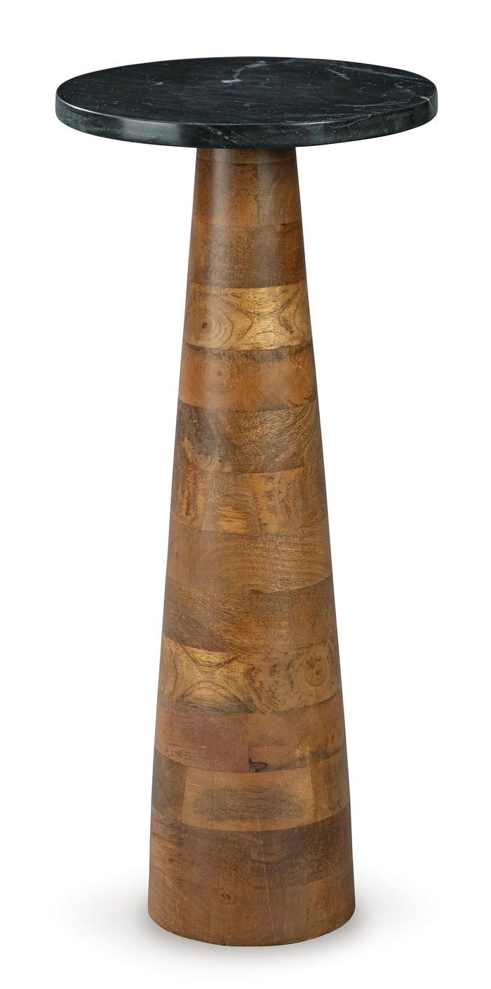 Quinndon accent table with round dark marble-look top and tapered wood pedestal base