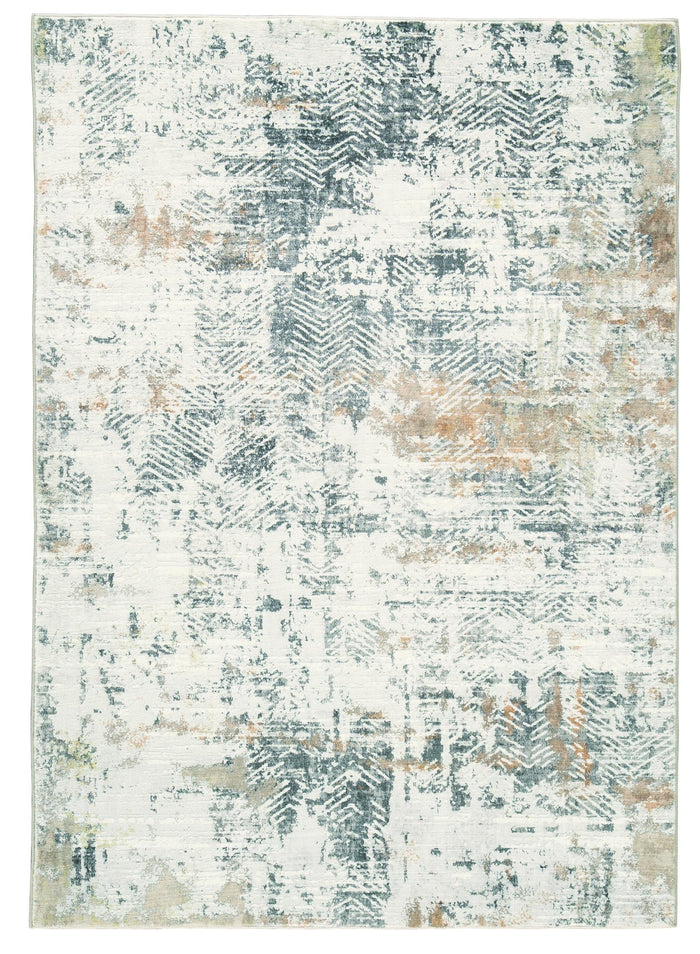 5x7 area rug, distressed teal/gray abstract pattern on light ground