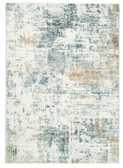 5x7 area rug, distressed teal/gray abstract pattern on light ground