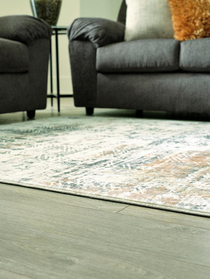 5x7 area rug corner view with distressed teal and gray abstract pattern