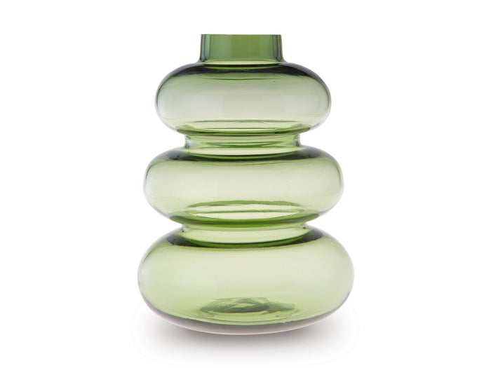 Light green glass vase with three stacked rounded sections and flared rim