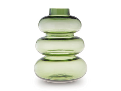 Light green glass vase with three stacked rounded sections and flared rim