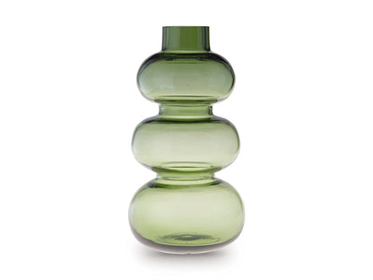 Light green glass vase with stacked rounded bulb sections and short flared neck