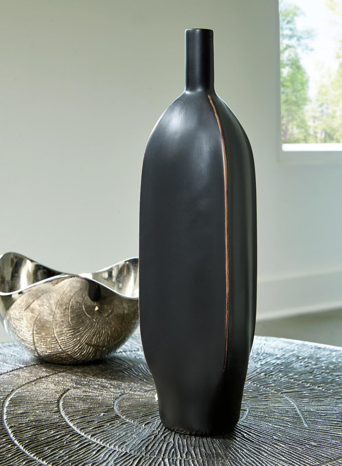 Rhaveney 12-inch black vase with slender neck and copper vertical accent stripe