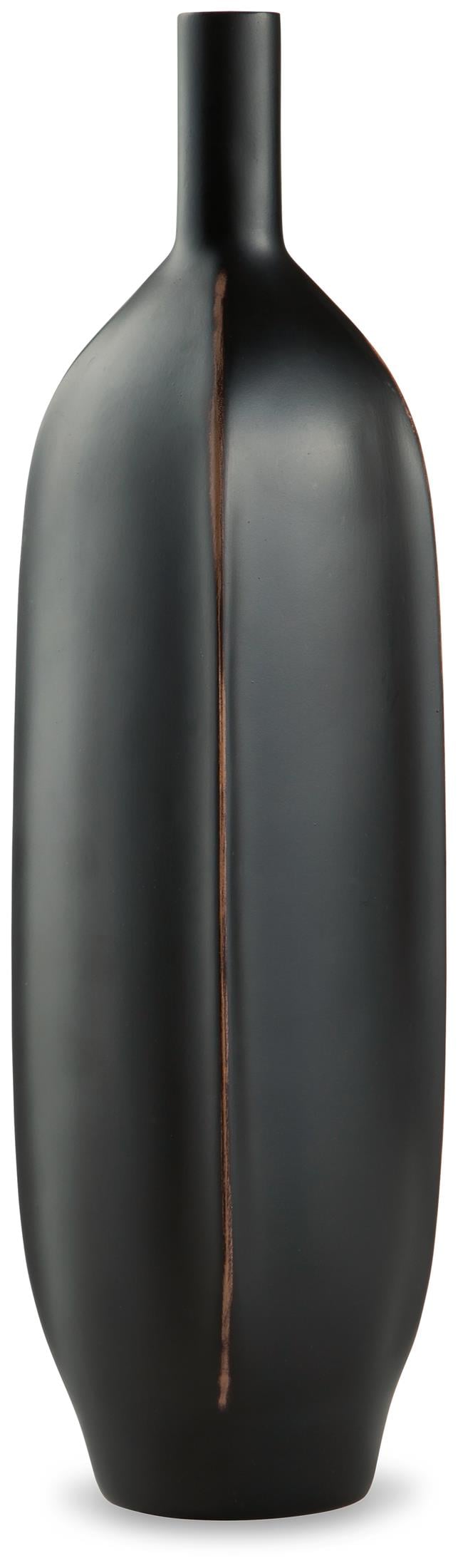Matte black bottle-shaped vase with thin copper vertical stripe