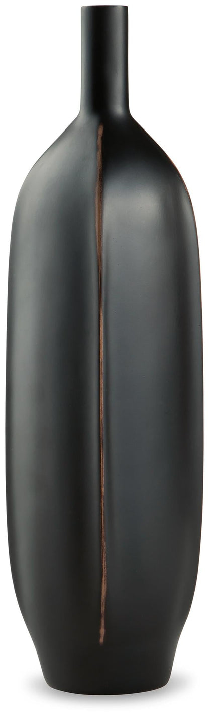 Matte black bottle-shaped vase with thin copper vertical stripe