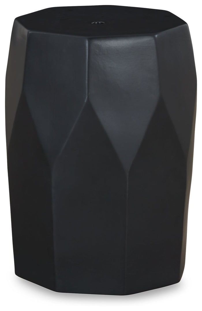 Black geometric faceted stool with flat top