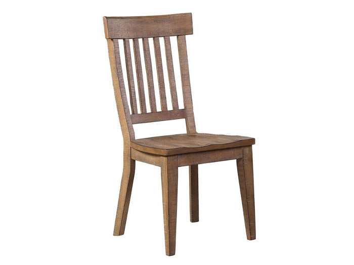 A rustic wooden dining chair with a slatted backrest and angled legs, shown against a plain white background.