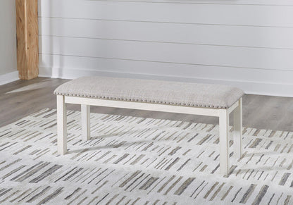 48-inch upholstered dining bench with light wood legs and light gray tufted seat