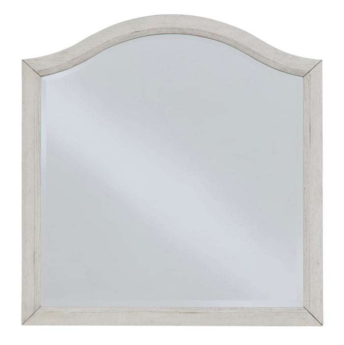 Arched vanity mirror with light gray wood frame