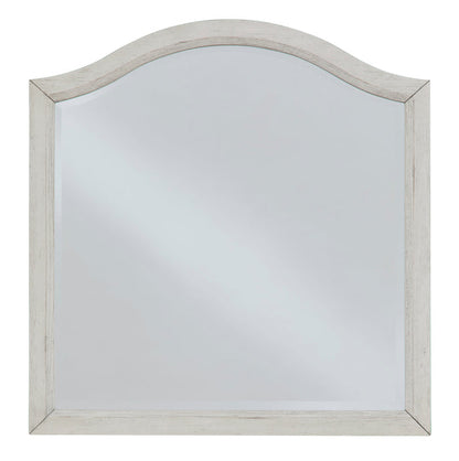 Arched vanity mirror with light gray wood frame