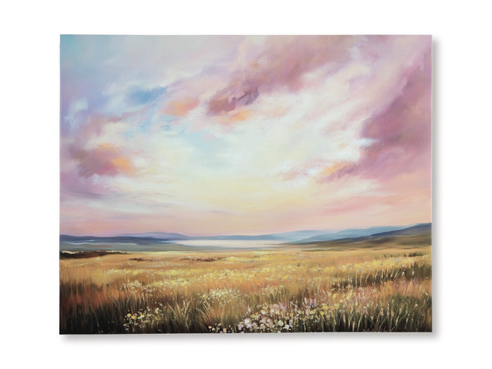Landscape canvas wall art with pastel clouds and golden meadow foreground
