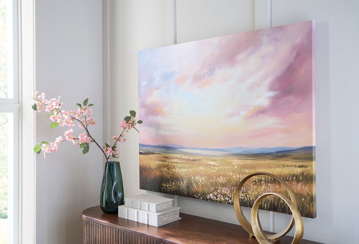 Landscape canvas wall art with pastel clouds and golden field, black-stretched frame