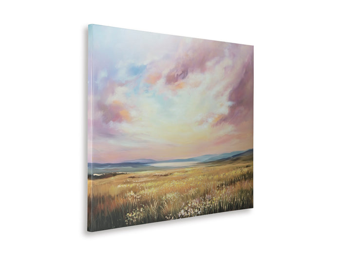 Landscape canvas wall art showing pastel sunset sky over golden grass field