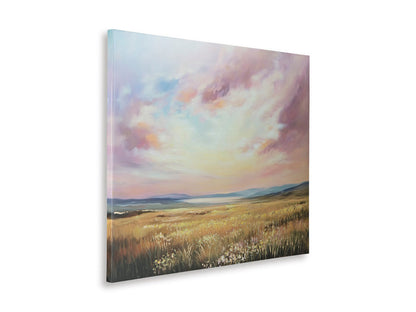 Landscape canvas wall art showing pastel sunset sky over golden grass field