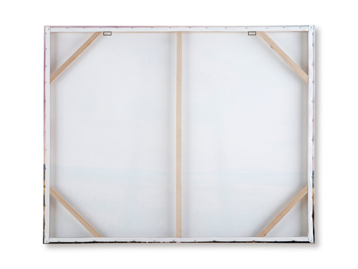 Wall art canvas backing with white panel and wooden stretcher frame, corner hardware