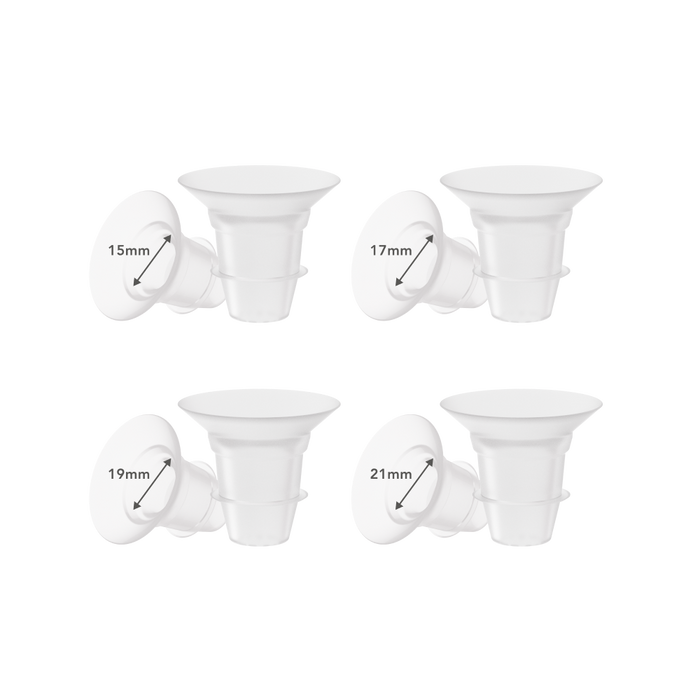 Four silicone breast shield inserts in different sizes, labeled 15mm, 17mm, 19mm, and 21mm, displayed against a white background.