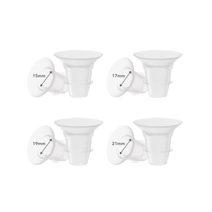 Four silicone breast shield inserts in different sizes, labeled 15mm, 17mm, 19mm, and 21mm, displayed against a white background.