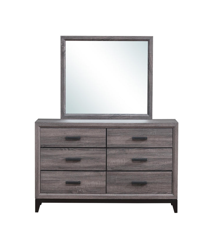 Rectangular dresser mirror with gray drawers and dark hardware