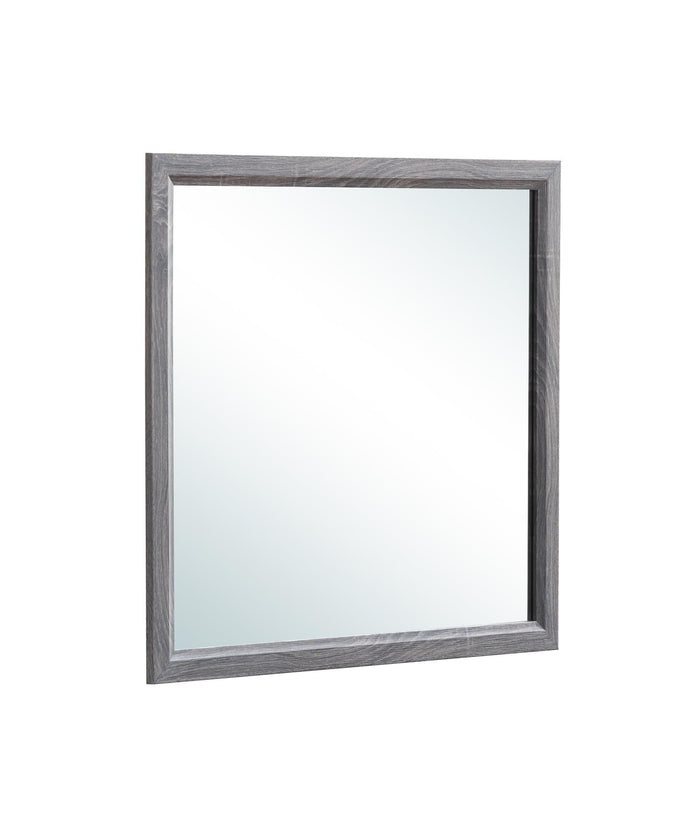 Square wall mirror with distressed gray wood-look frame