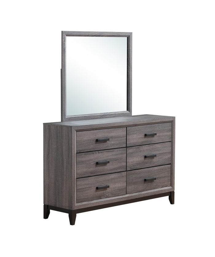 Dresser mirror with gray frame and six drawers with black pulls