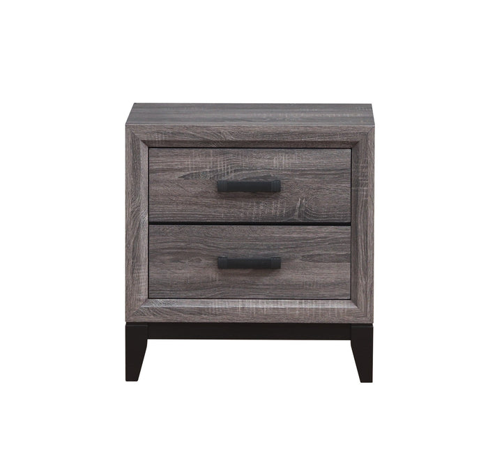 Salem nightstand with two drawers, dark handles, and tapered legs