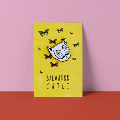Yellow card with a white mask and butterflies on a pink and red background