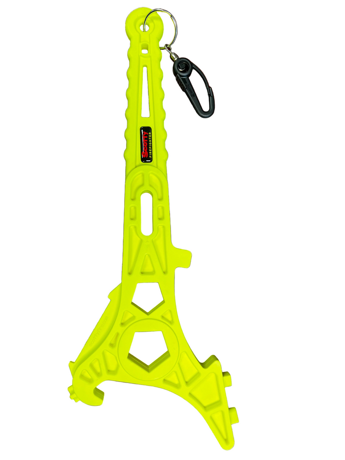 High visibility yellow Scotty Firefighter 4579-YF Super Spanner Hydrant Wrench with large spanner openings, hydrant wrench ends and mounting bracket
