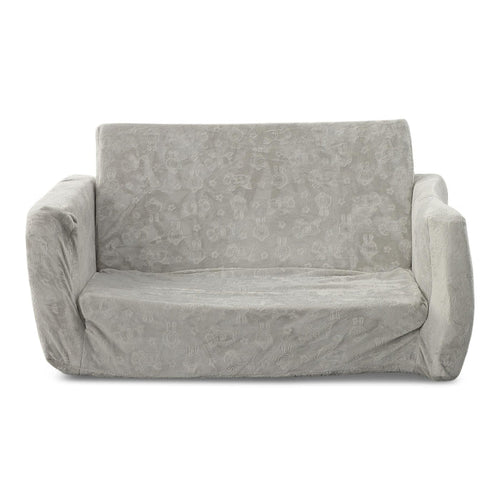 Gray patterned convertible sofa with rounded arms and boxy backrest