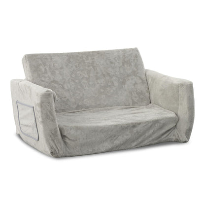 Gray patterned convertible sofa angled view with cushioned back and rolled arms