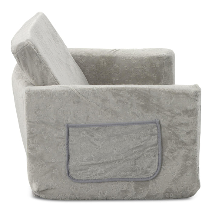 Gray patterned convertible sofa with front blue-trim pocket storage panel