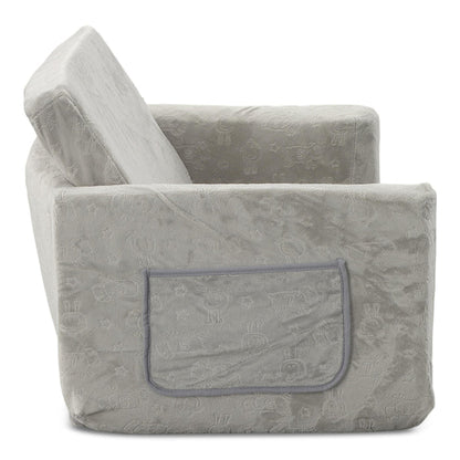 Gray patterned convertible sofa with front blue-trim pocket storage panel