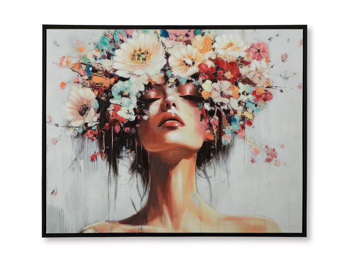 Framed wall art with abstract woman portrait and multicolor floral splash, black frame