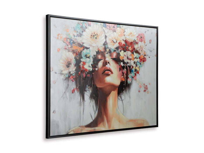 Framed wall art with abstract woman portrait, colorful flowers, black border frame