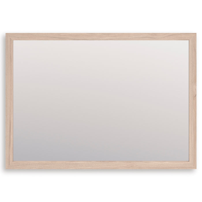 Rectangular bedroom mirror with light wood frame and clear glass panel