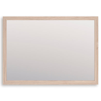 Rectangular bedroom mirror with light wood frame and clear glass panel
