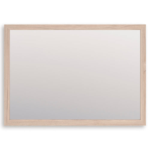 Rectangular bedroom mirror with light wood frame and clear glass panel