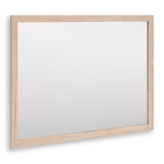 Rectangular wall mirror with light-wood frame and beveled outer edge