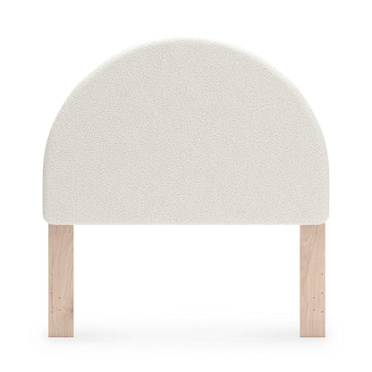 Upholstered headboard, rounded light beige upholstered panel with wood legs