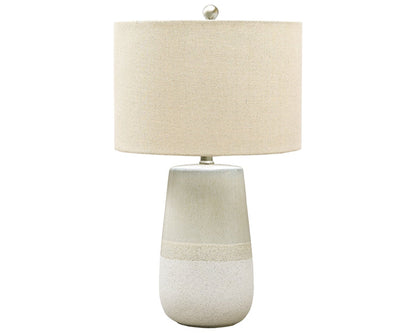 Beige fabric drum shade and ceramic table lamp base