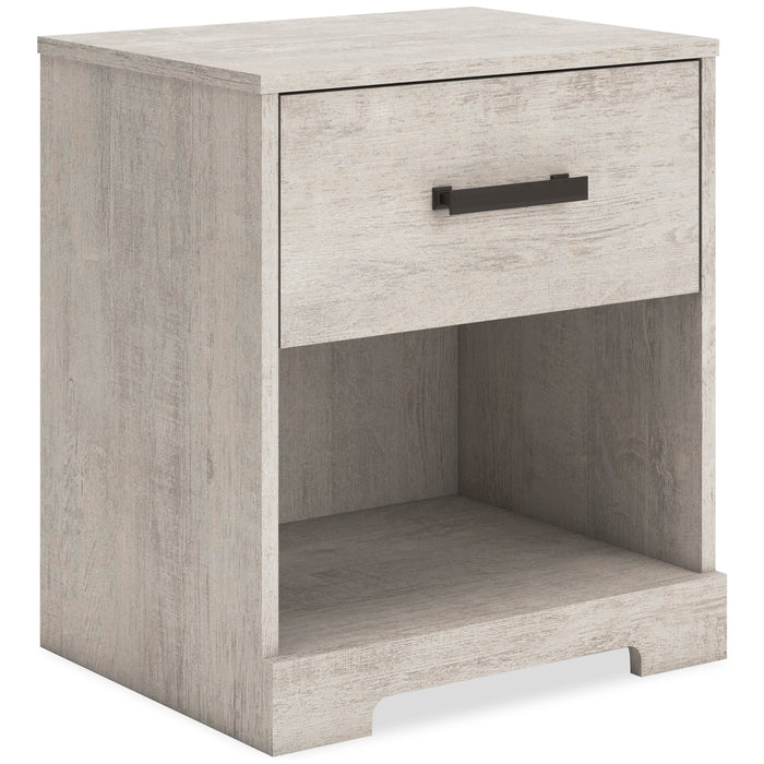 Whitewash nightstand front corner view with drawer and open shelf.